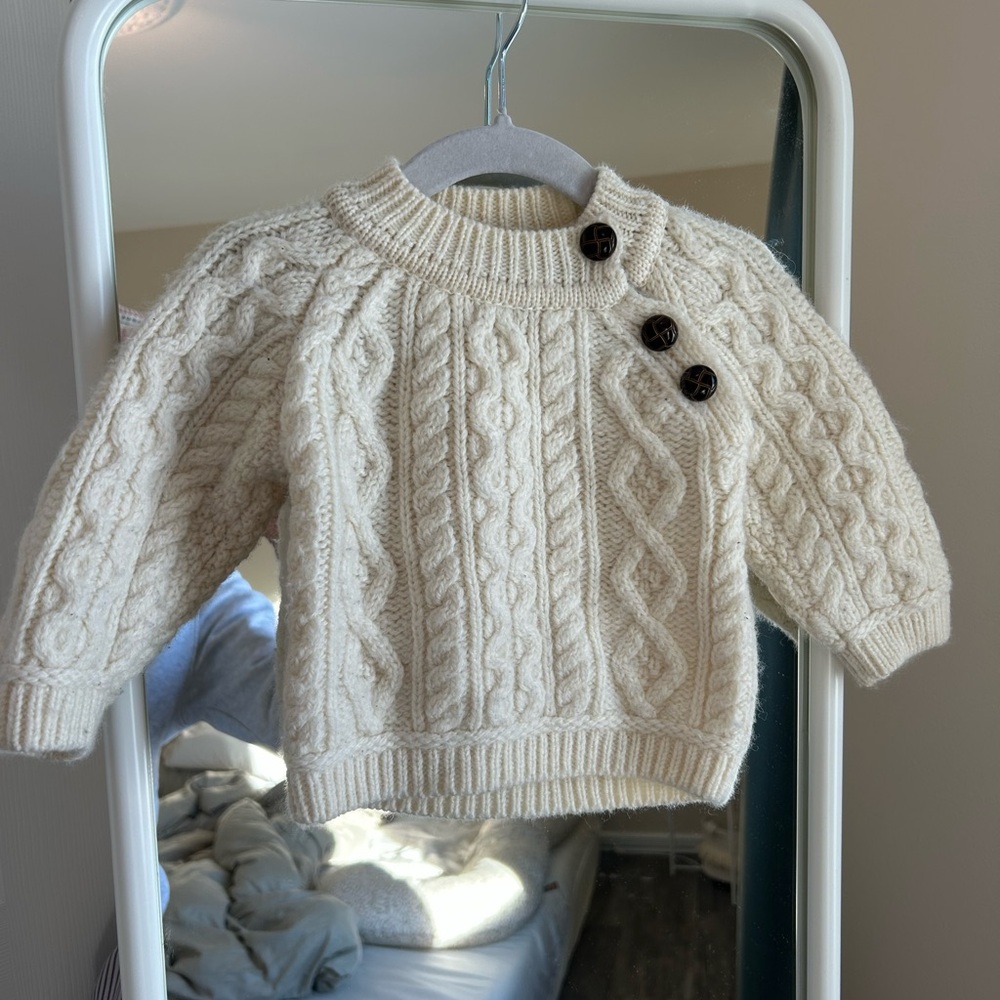Aran Crafts 100% Merino wool Cream Cable Knit Sweater. Made in Ireland.